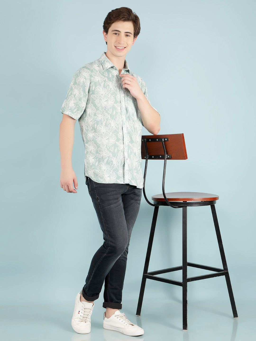 Green Floral Print Linen Shirt-Men Shirts-Crimsoune Club