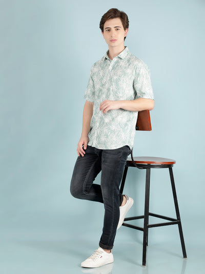 Green Floral Print Linen Shirt-Men Shirts-Crimsoune Club