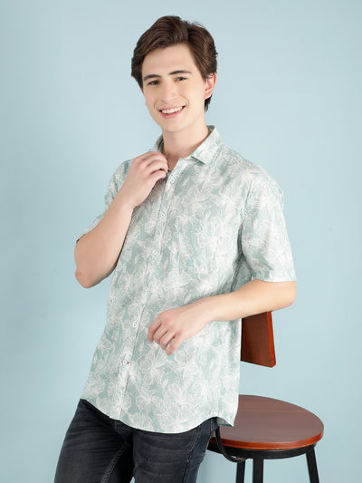 Green Floral Print Linen Shirt-Men Shirts-Crimsoune Club