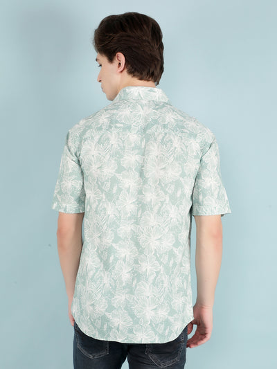 Green Floral Print Linen Shirt-Men Shirts-Crimsoune Club