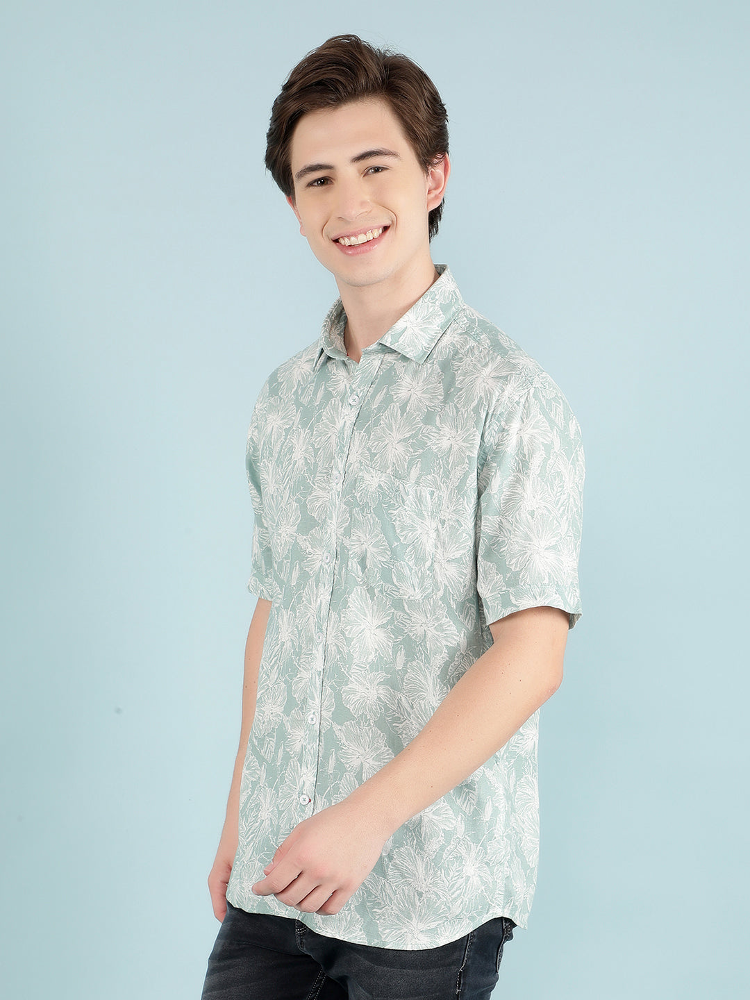 Green Floral Print Linen Shirt-Men Shirts-Crimsoune Club