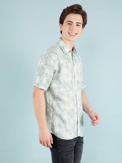 Green Floral Print Linen Shirt-Men Shirts-Crimsoune Club