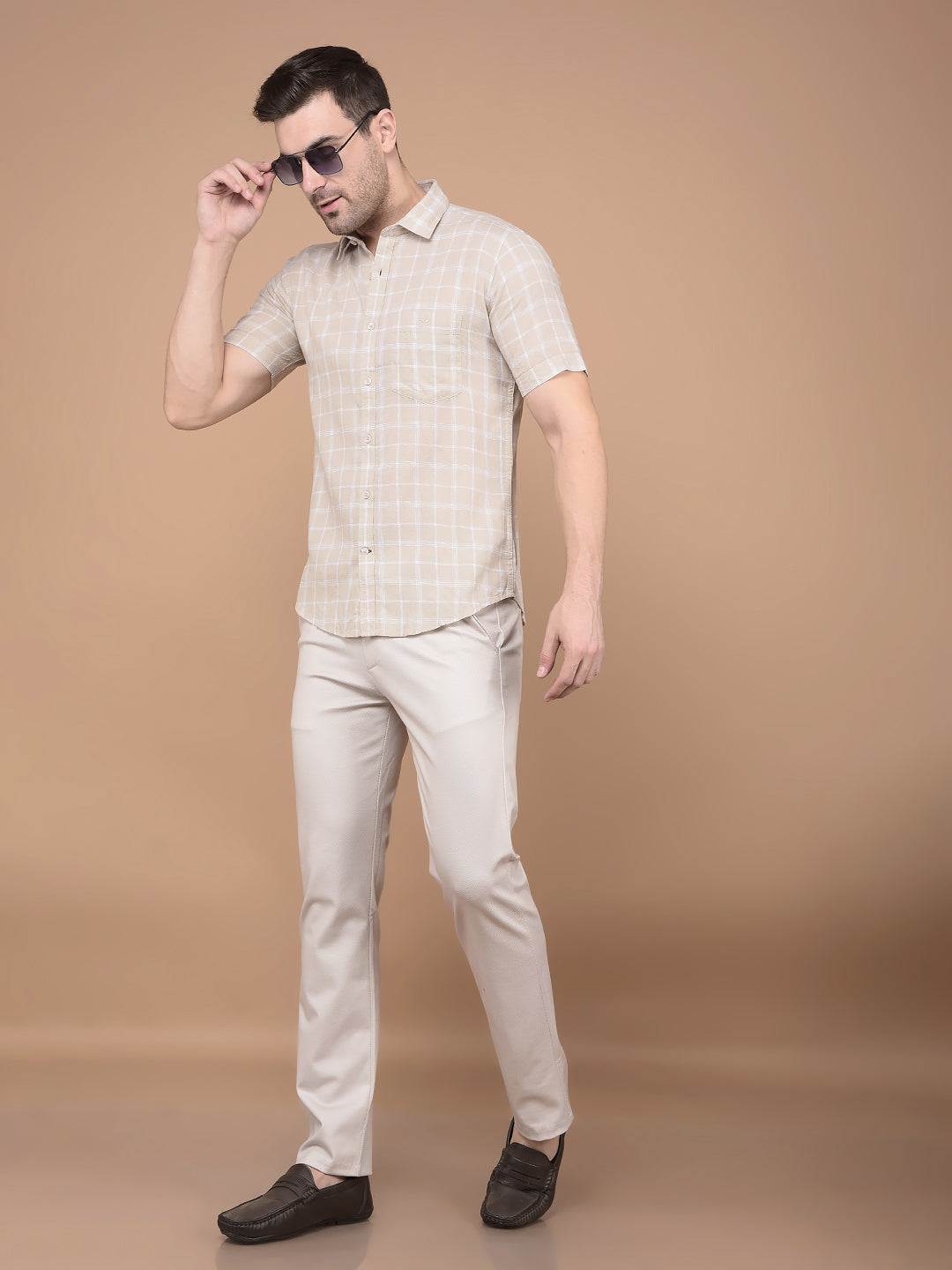 Khaki Checked Linen Shirt