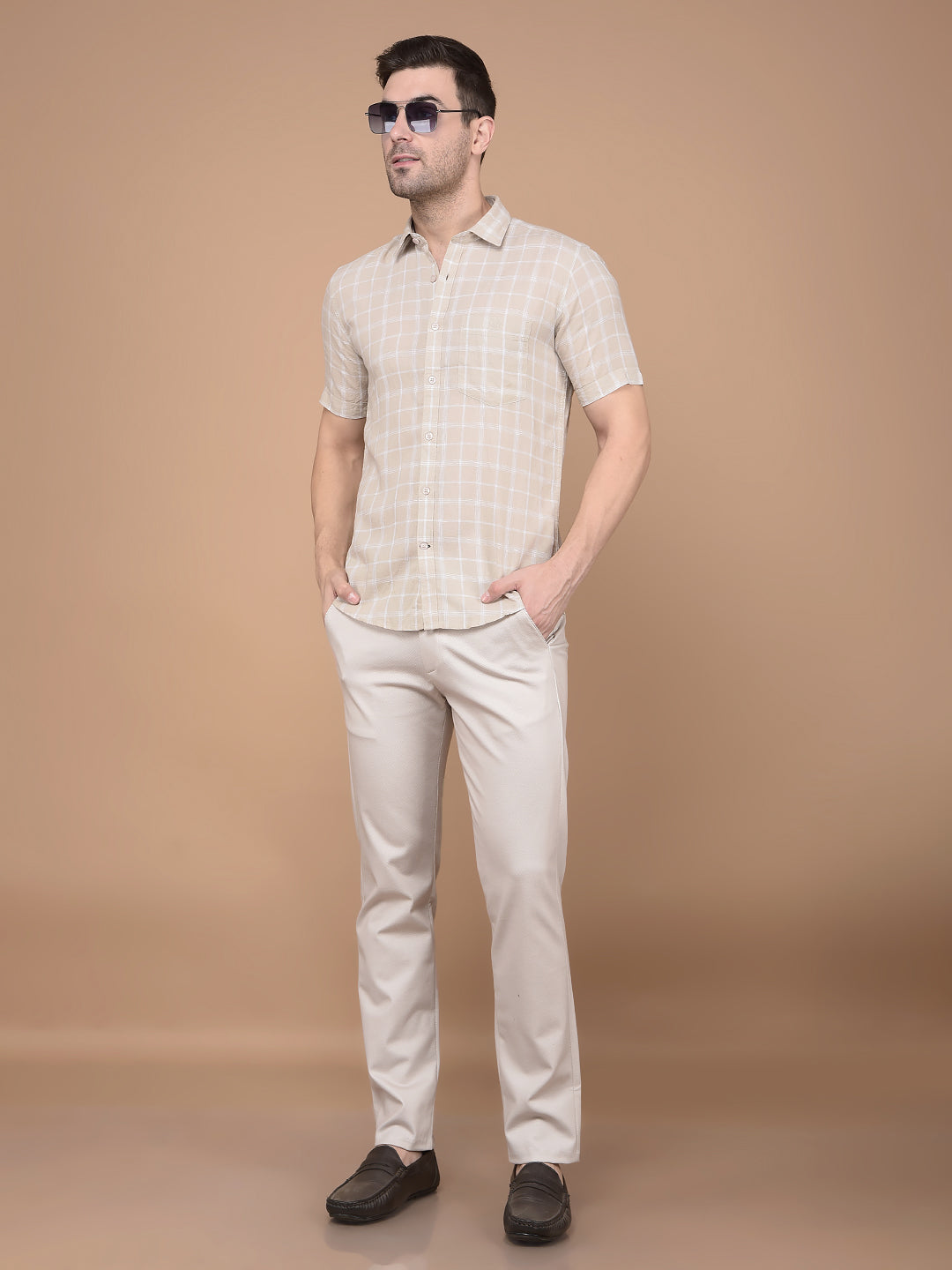 Khaki Checked Linen Shirt