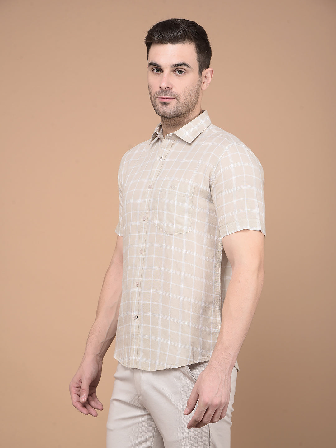 Khaki Checked Linen Shirt