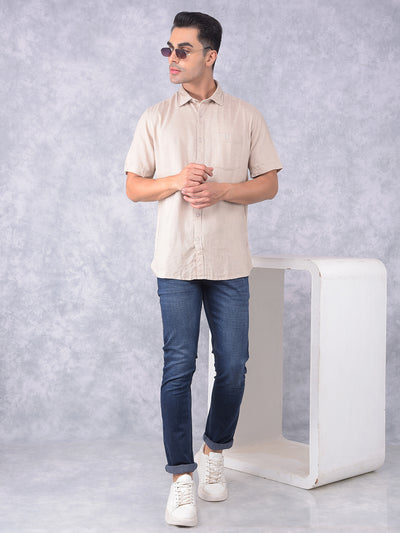 Beige Printed Linen Shirt-Men Shirts-Crimsoune Club