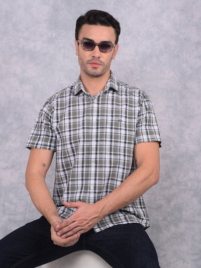 Olive Checked 100% Cotton Shirt-Men Shirts-Crimsoune Club