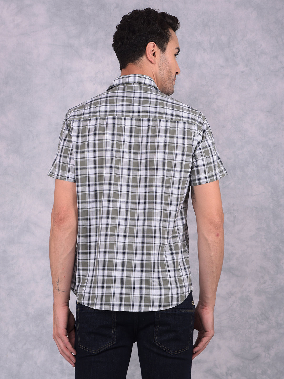 Olive Checked 100% Cotton Shirt-Men Shirts-Crimsoune Club