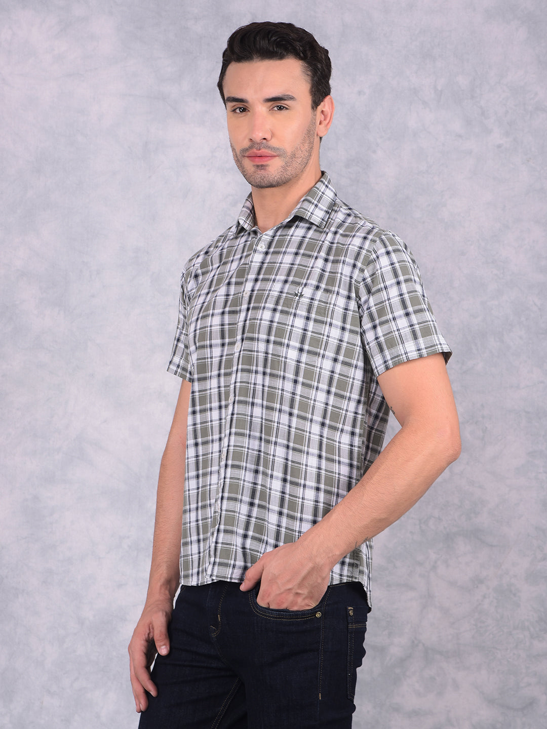 Olive Checked 100% Cotton Shirt-Men Shirts-Crimsoune Club