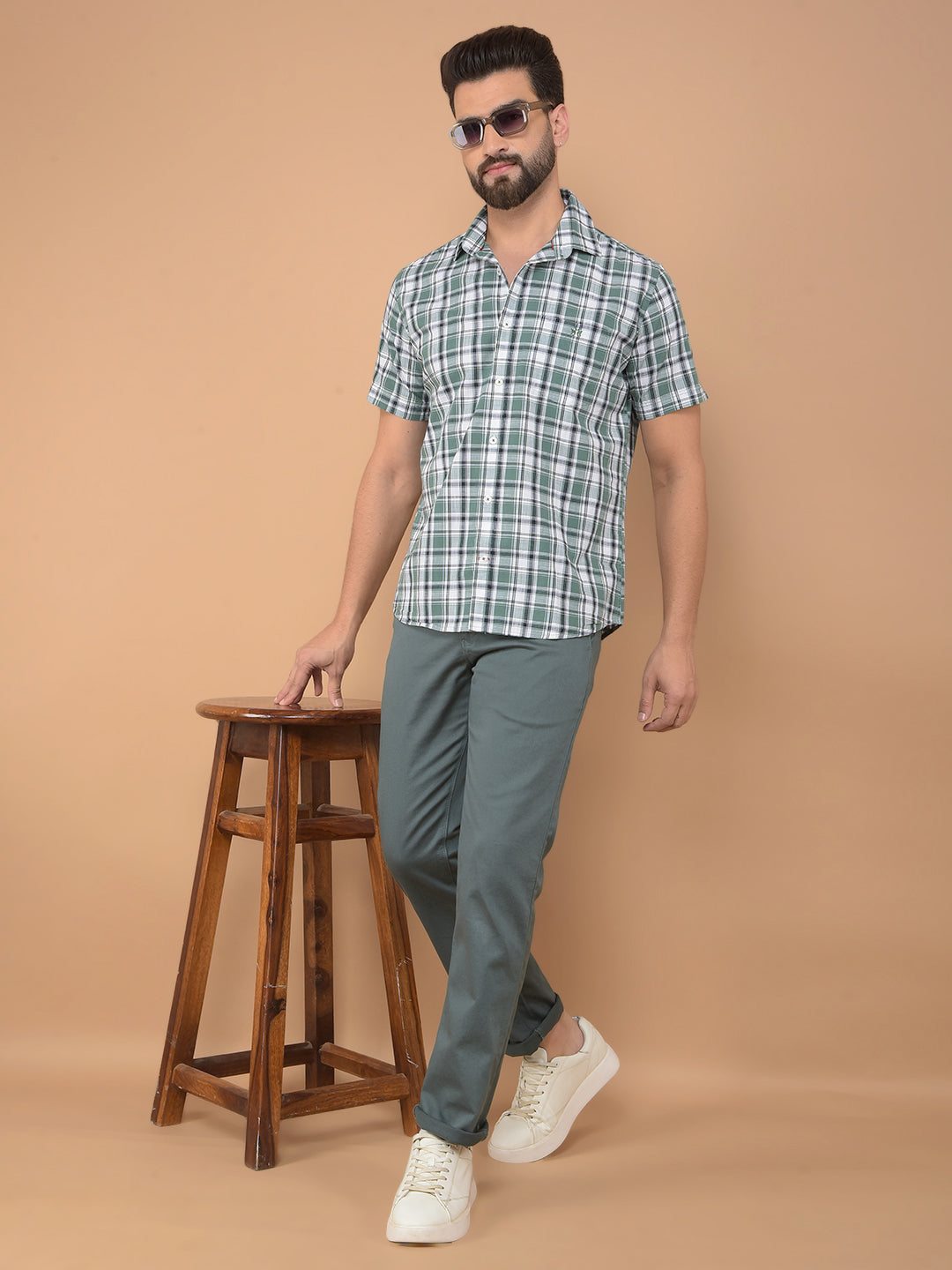 Green Checked 100% Cotton Shirt-Men Shirts-Crimsoune Club