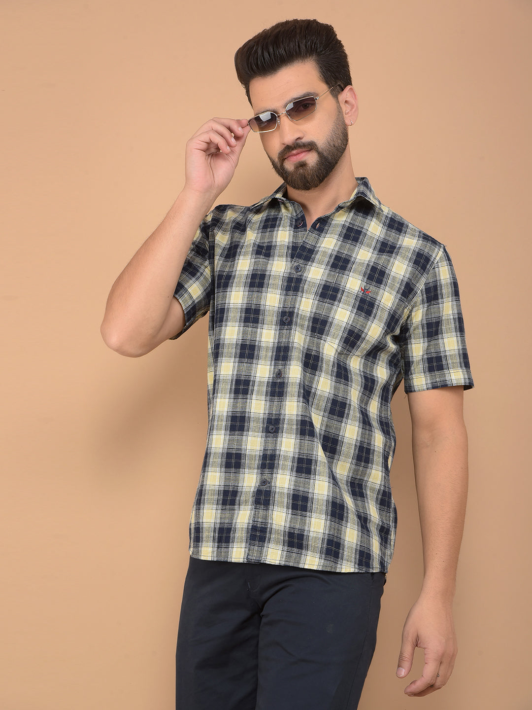 Beige Checked 100% Cotton Shirt-Men Shirts-Crimsoune Club