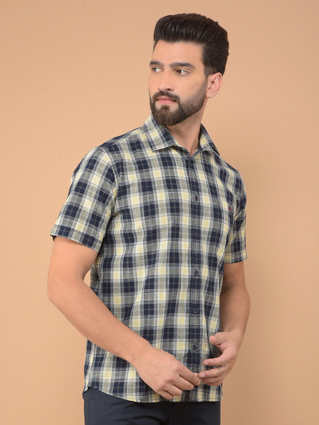 Beige Checked 100% Cotton Shirt-Men Shirts-Crimsoune Club