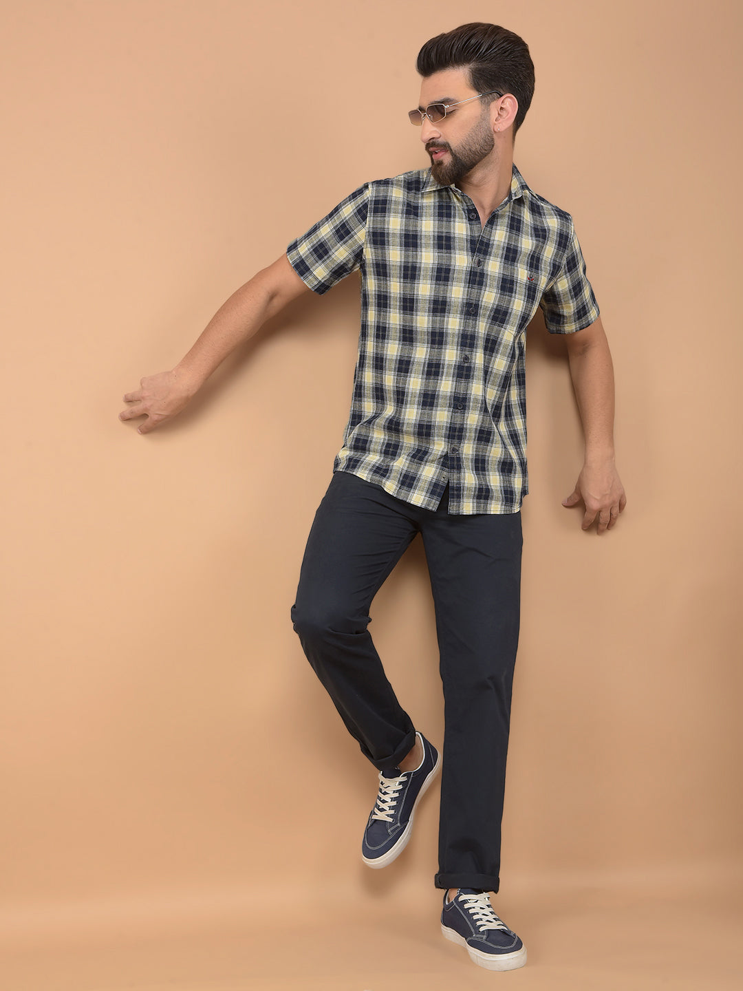 Beige Checked 100% Cotton Shirt-Men Shirts-Crimsoune Club