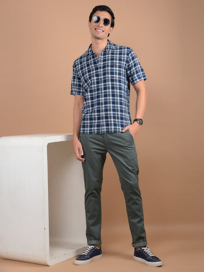 Navy Blue 100% Cotton Checked Shirt-Men Shirts-Crimsoune Club