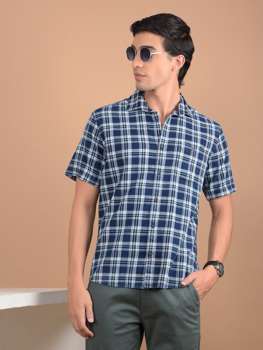 Navy Blue 100% Cotton Checked Shirt-Men Shirts-Crimsoune Club