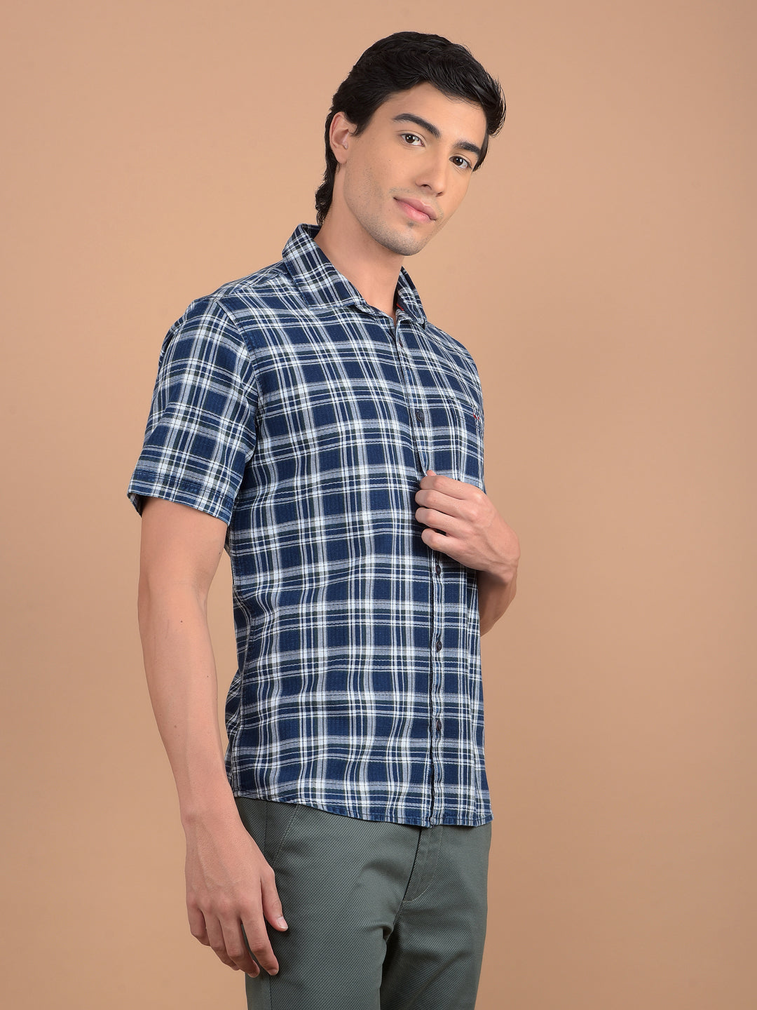 Navy Blue 100% Cotton Checked Shirt-Men Shirts-Crimsoune Club