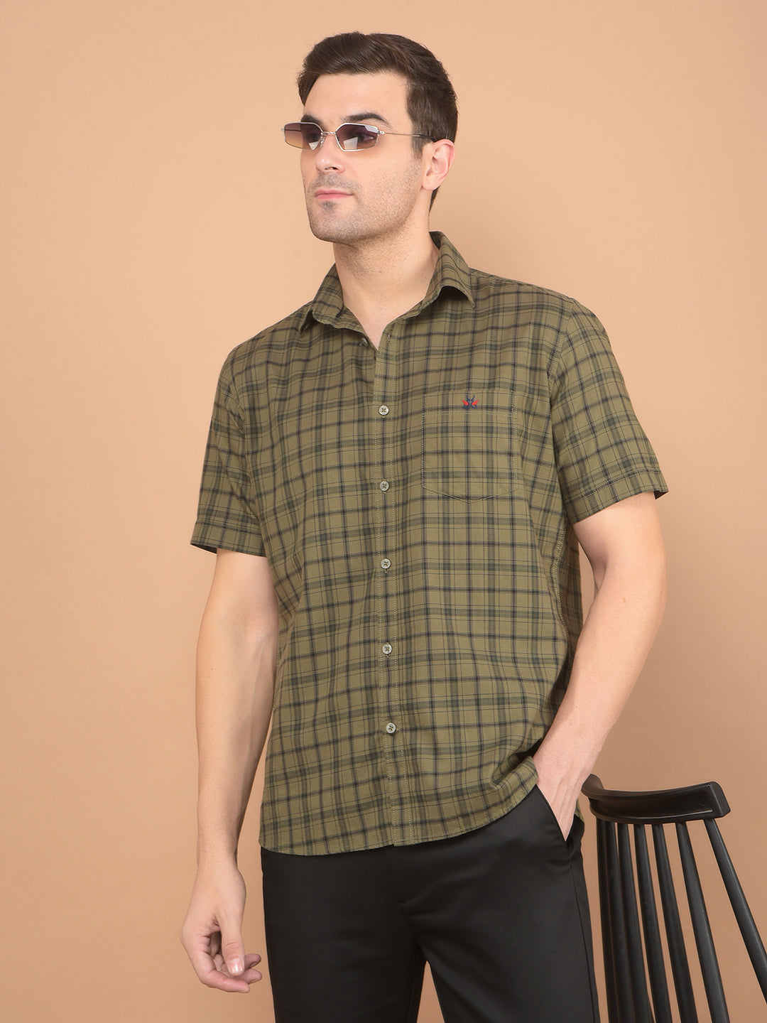 Olive Checked 100% Cotton Shirt-Men Shirts-Crimsoune Club