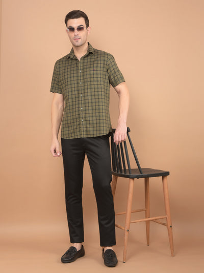 Olive Checked 100% Cotton Shirt-Men Shirts-Crimsoune Club