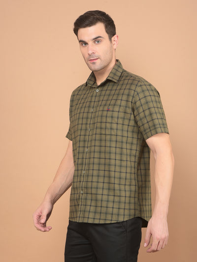 Olive Checked 100% Cotton Shirt-Men Shirts-Crimsoune Club