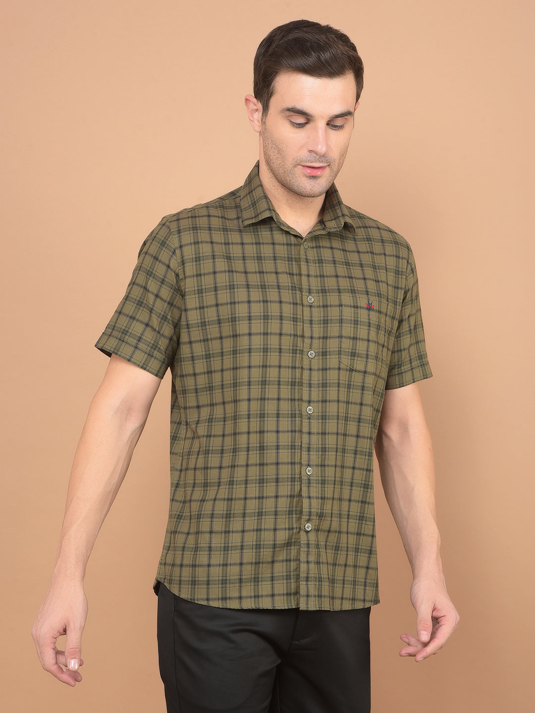 Olive Checked 100% Cotton Shirt-Men Shirts-Crimsoune Club