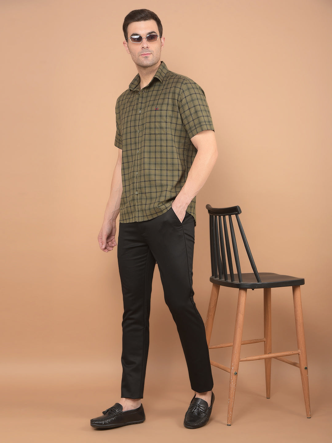 Olive Checked 100% Cotton Shirt-Men Shirts-Crimsoune Club