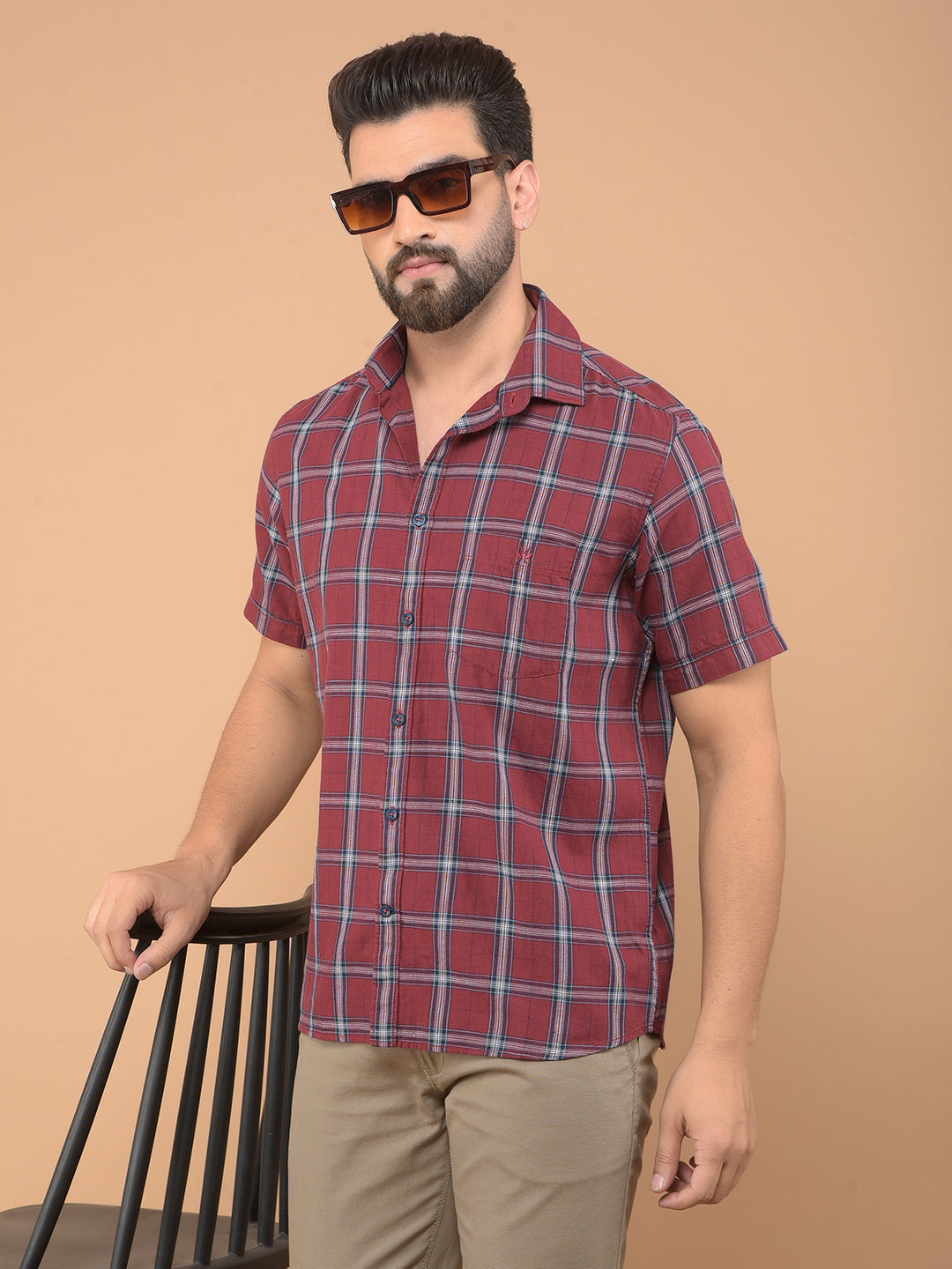 Maroon Checked 100% Cotton Shirt-Men Shirts-Crimsoune Club