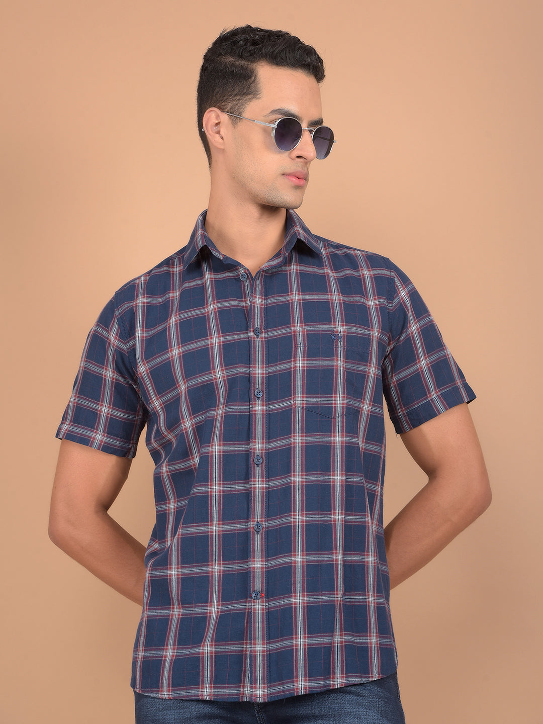 Navy Blue Checked 100% Cotton Shirt-Men Shirts-Crimsoune Club