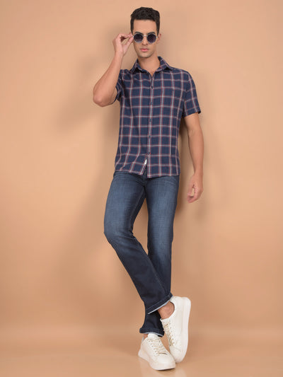 Navy Blue Checked 100% Cotton Shirt-Men Shirts-Crimsoune Club