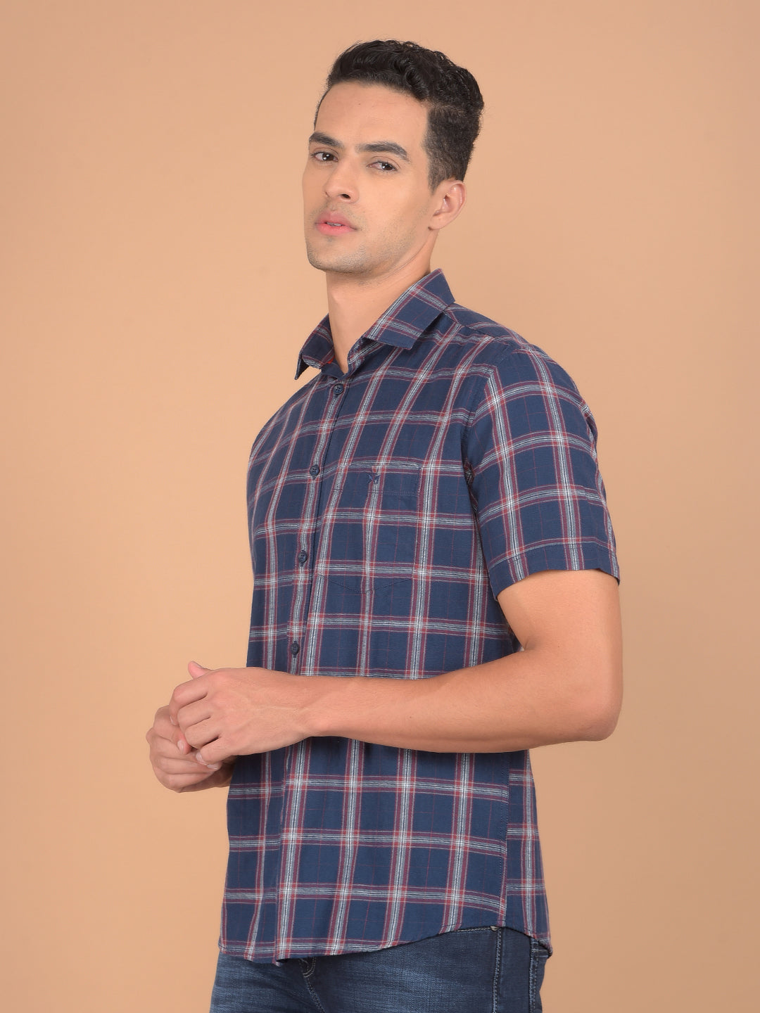 Navy Blue Checked 100% Cotton Shirt-Men Shirts-Crimsoune Club