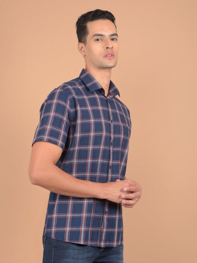 Navy Blue Checked 100% Cotton Shirt-Men Shirts-Crimsoune Club