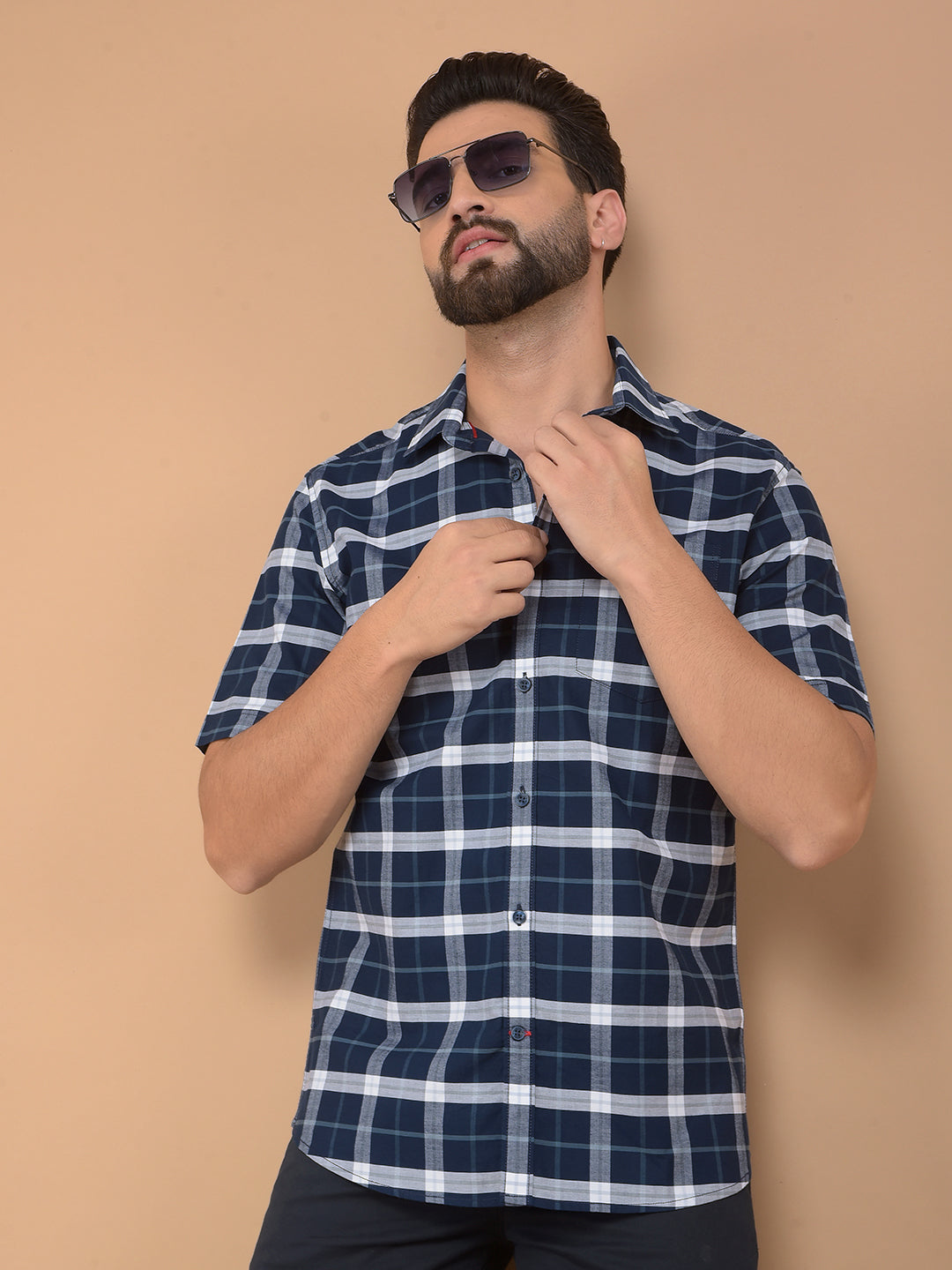 Navy Blue Checked 100% Cotton Shirt-Men Shirts-Crimsoune Club