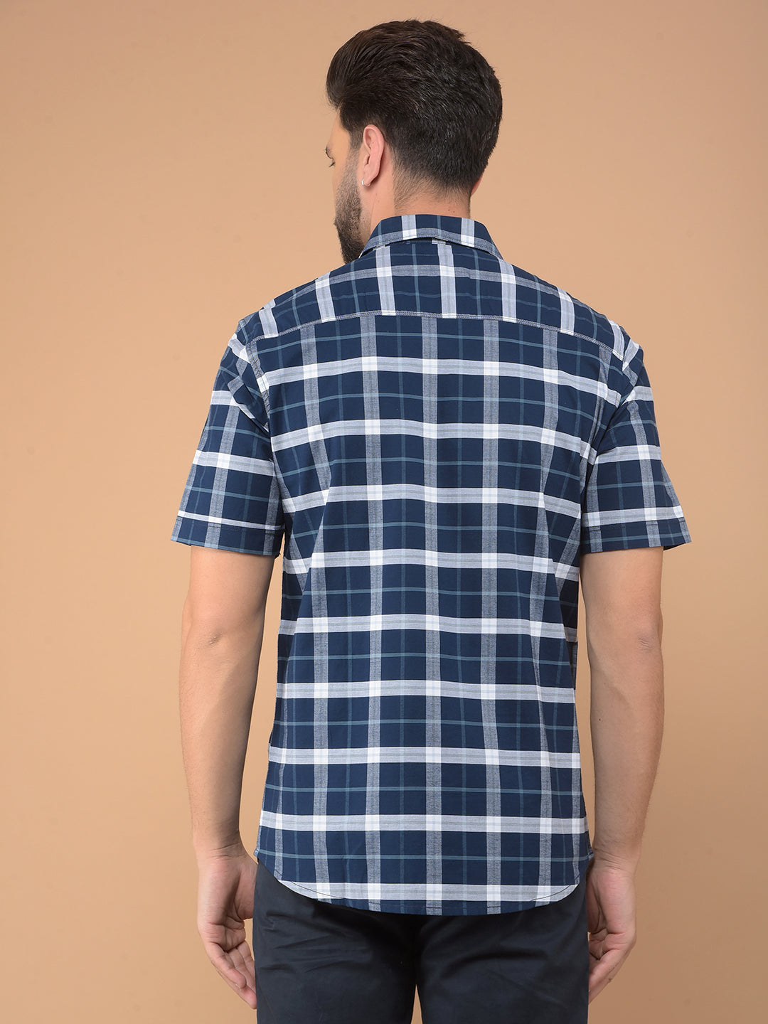 Navy Blue Checked 100% Cotton Shirt-Men Shirts-Crimsoune Club