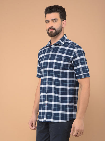 Navy Blue Checked 100% Cotton Shirt-Men Shirts-Crimsoune Club