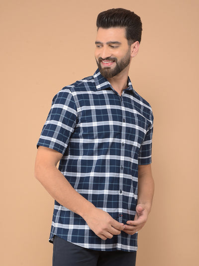 Navy Blue Checked 100% Cotton Shirt-Men Shirts-Crimsoune Club