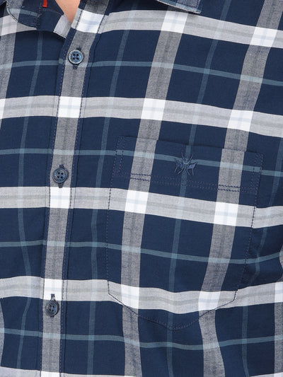 Navy Blue Checked 100% Cotton Shirt-Men Shirts-Crimsoune Club