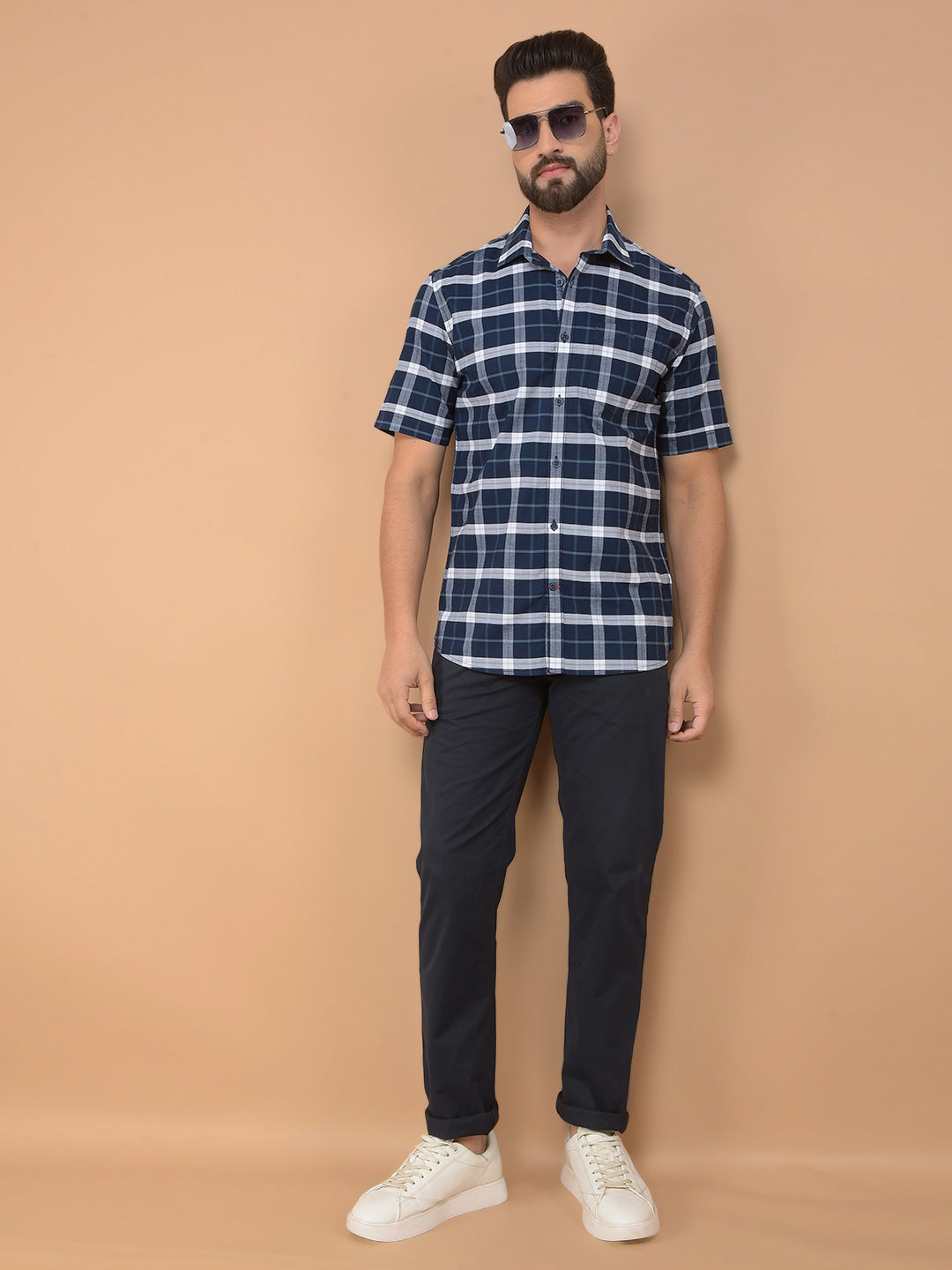 Navy Blue Checked 100% Cotton Shirt-Men Shirts-Crimsoune Club