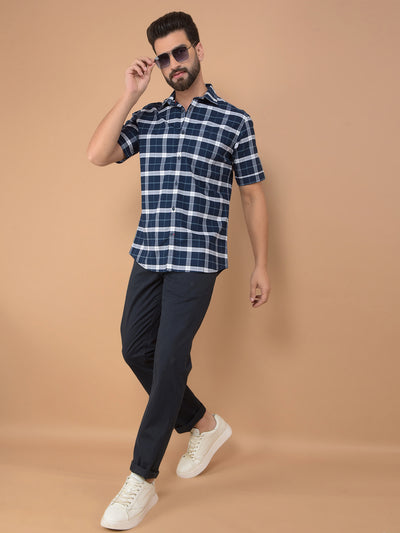 Navy Blue Checked 100% Cotton Shirt-Men Shirts-Crimsoune Club