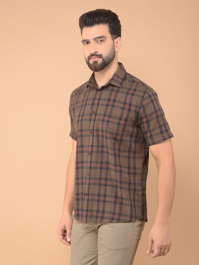 Brown Checked 100% Cotton Shirt-Men Shirts-Crimsoune Club