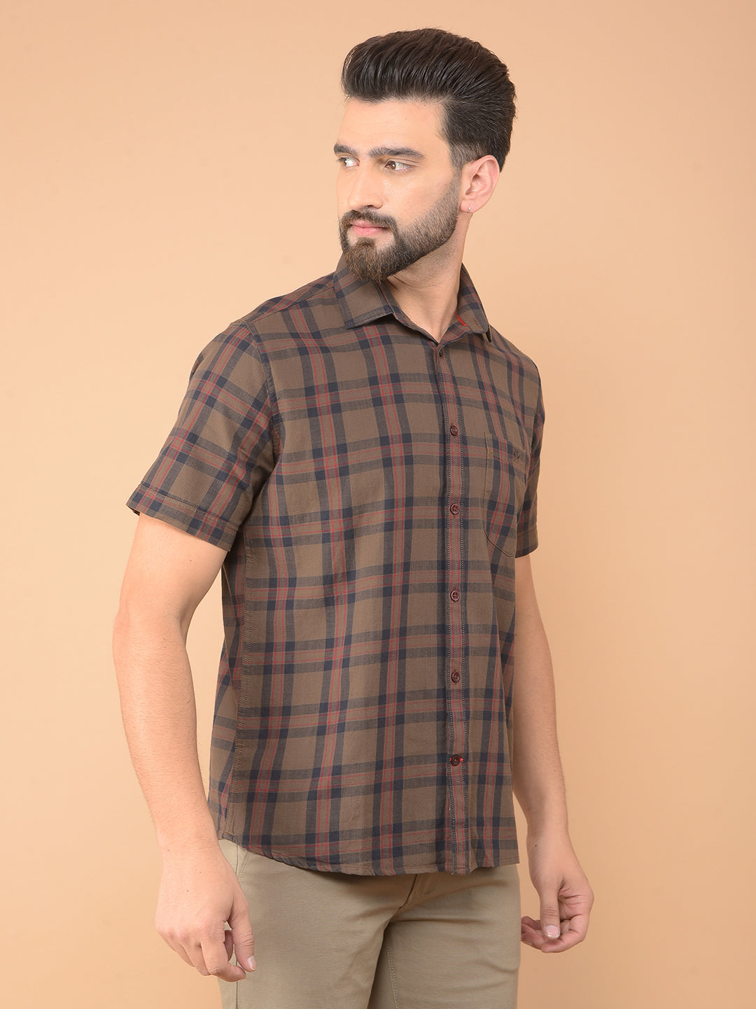 Brown Checked 100% Cotton Shirt-Men Shirts-Crimsoune Club