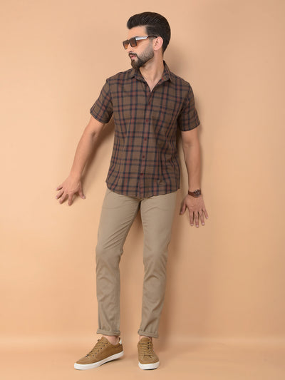 Brown Checked 100% Cotton Shirt-Men Shirts-Crimsoune Club