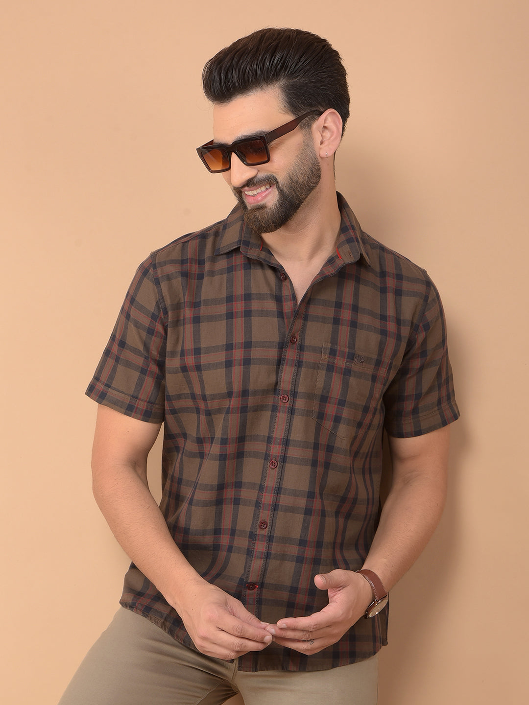 Brown Checked 100% Cotton Shirt-Men Shirts-Crimsoune Club