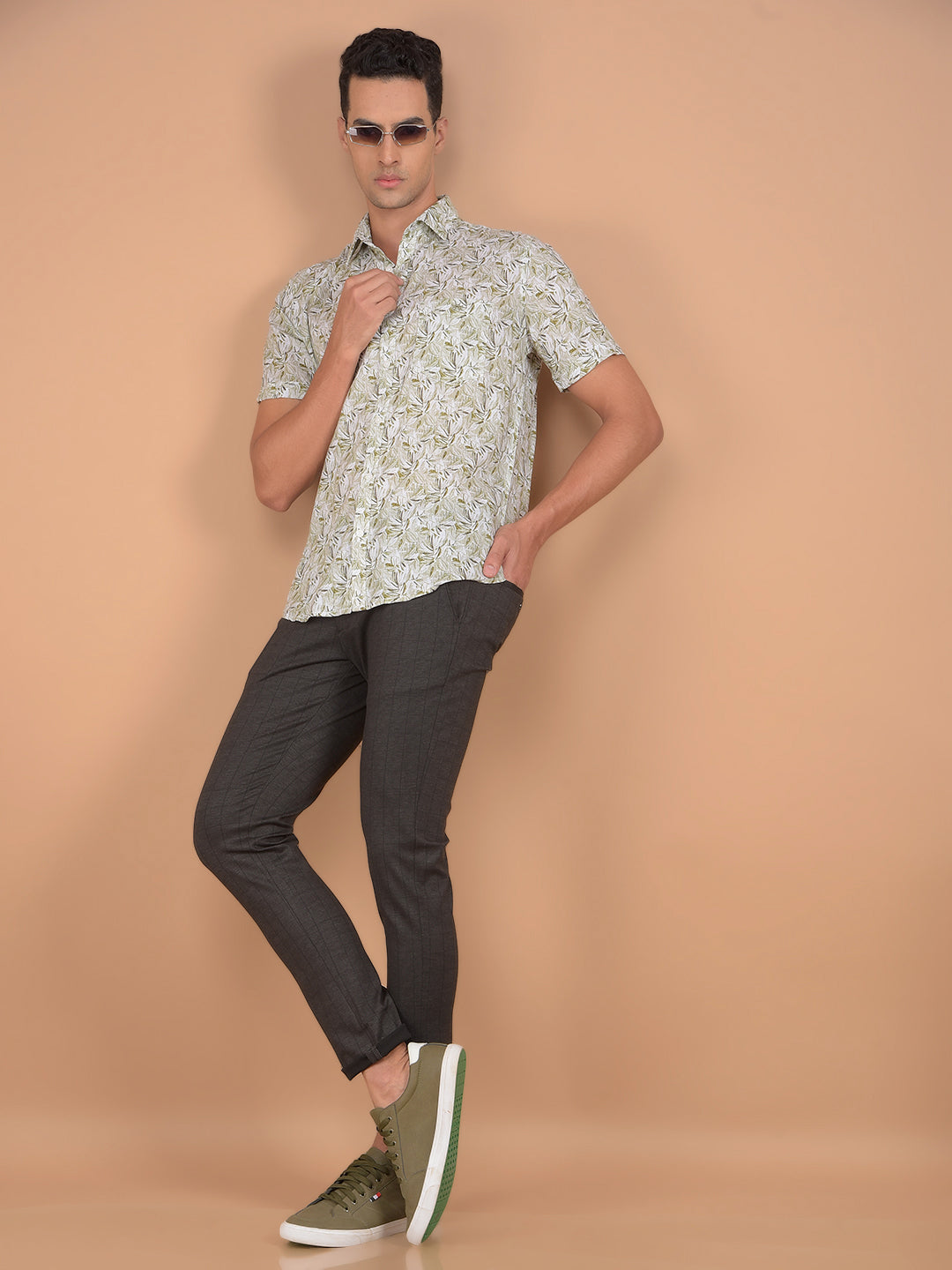 Green Floral Print Linen Shirt-Men Shirts-Crimsoune Club