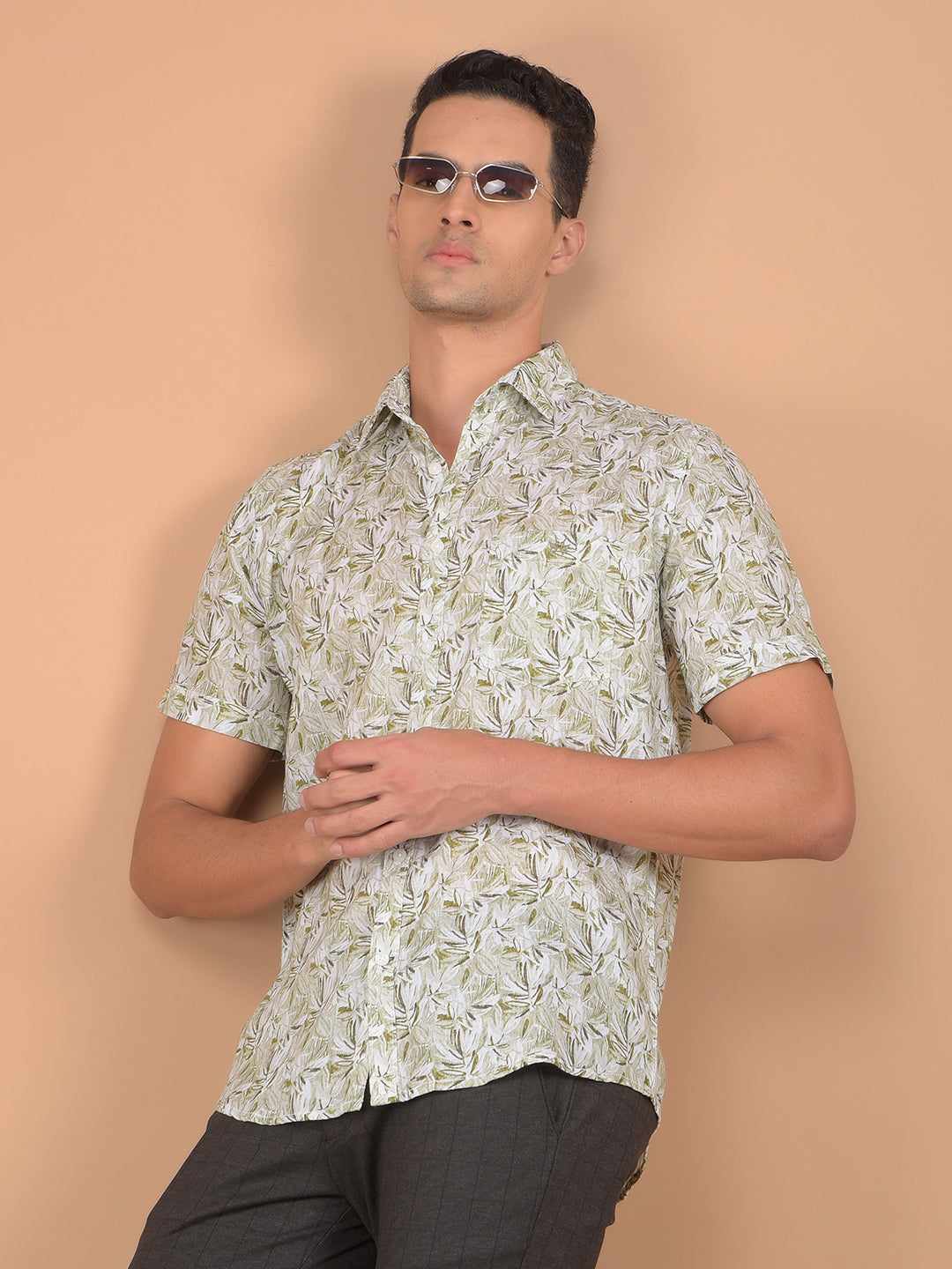 Green Floral Print Linen Shirt-Men Shirts-Crimsoune Club