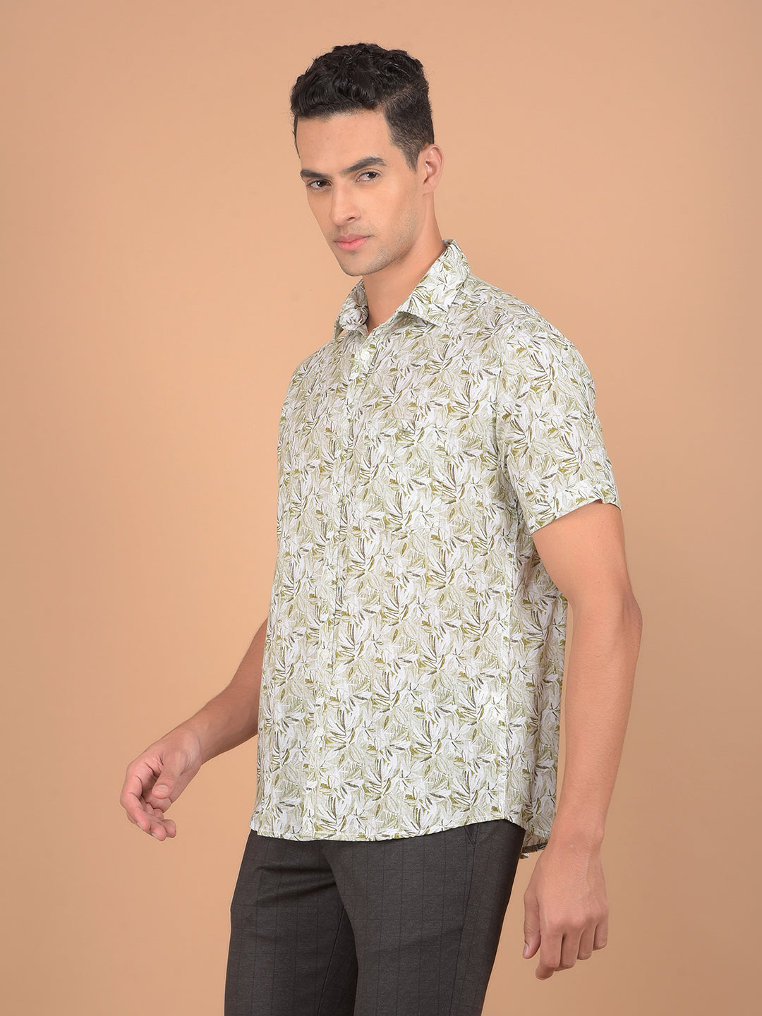 Green Floral Print Linen Shirt-Men Shirts-Crimsoune Club