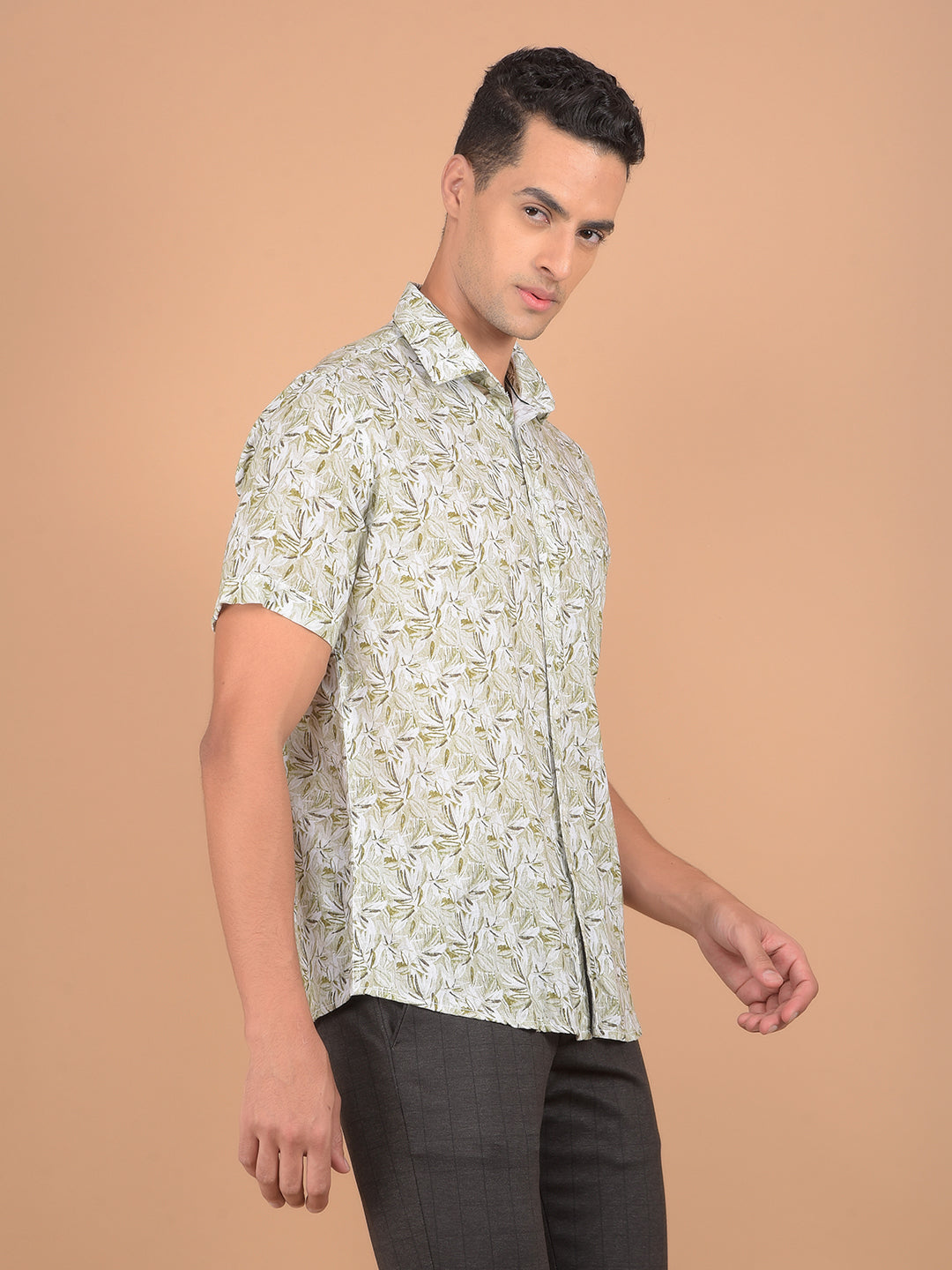 Green Floral Print Linen Shirt-Men Shirts-Crimsoune Club