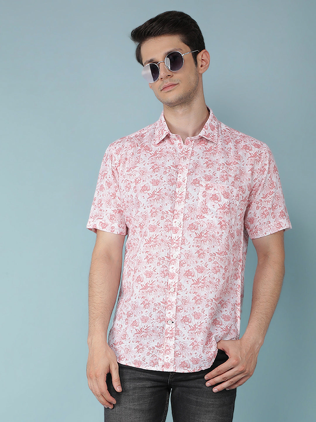 Pink Floral Print Linen Shirt-Men Shirts-Crimsoune Club