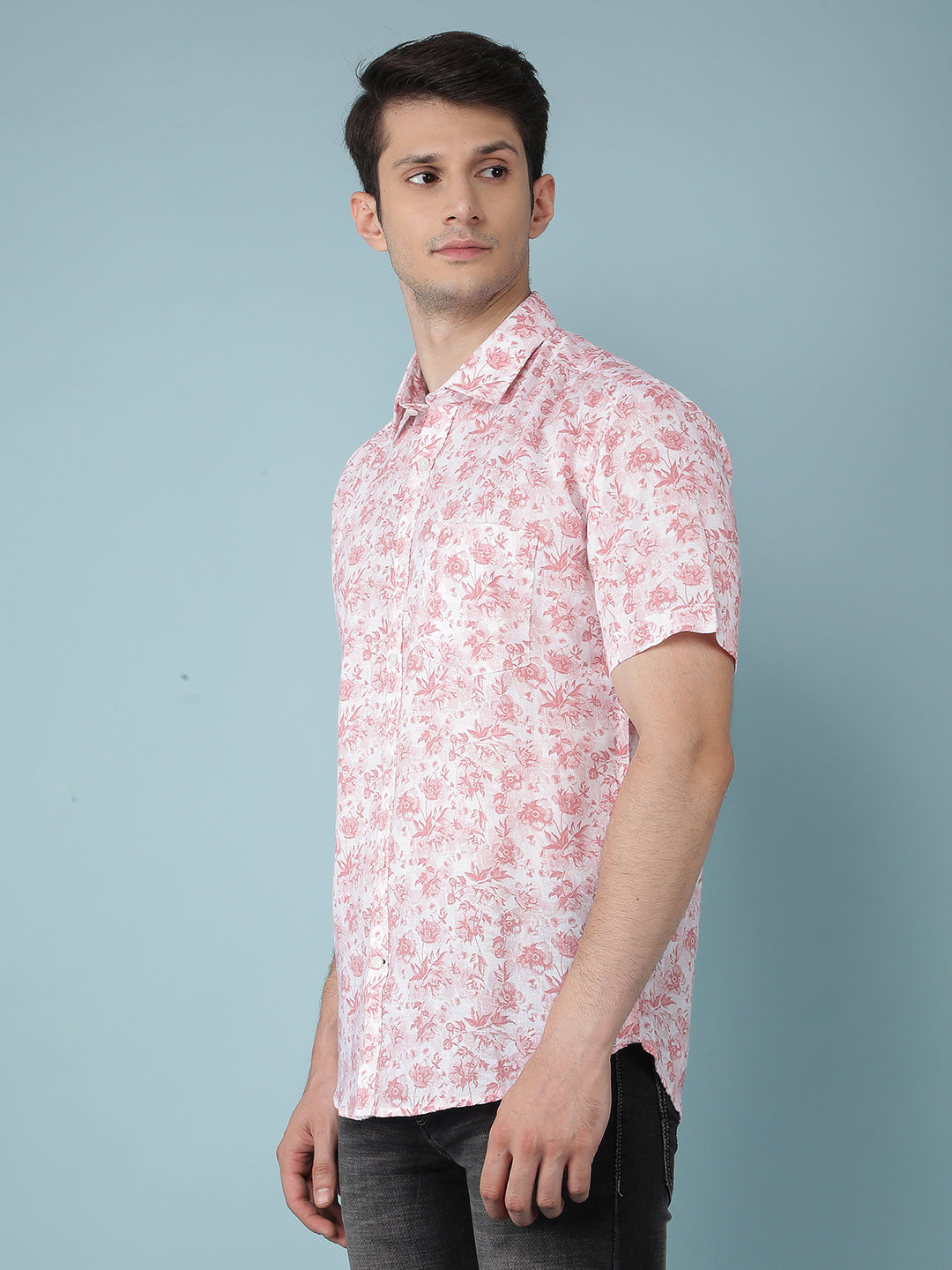 Pink Floral Print Linen Shirt-Men Shirts-Crimsoune Club