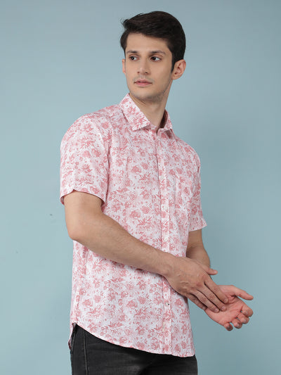 Pink Floral Print Linen Shirt-Men Shirts-Crimsoune Club