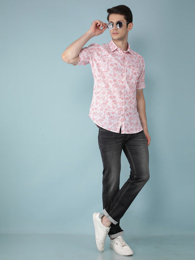 Pink Floral Print Linen Shirt-Men Shirts-Crimsoune Club