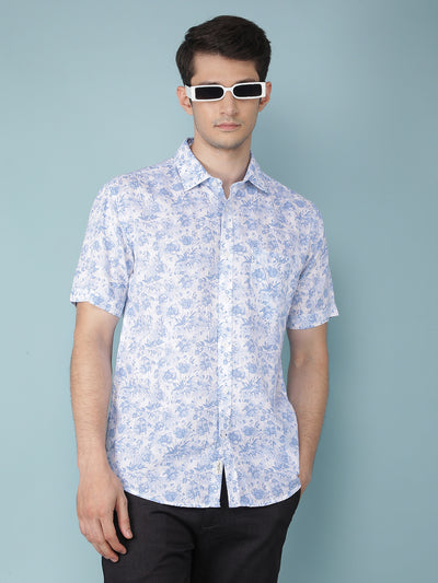 Blue Floral Print Linen Shirt-Men Shirts-Crimsoune Club